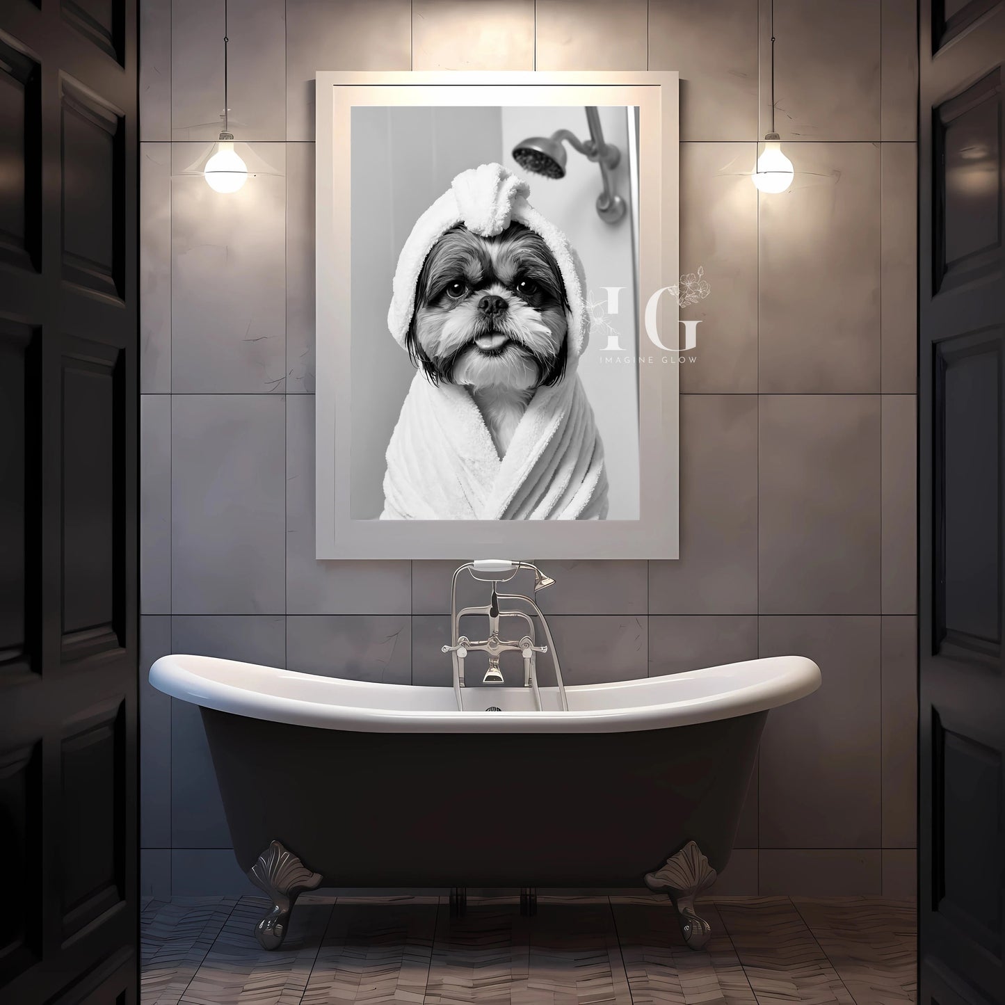 Adorable bathroom wall art with a playful Shih Tzu wrapped in a cozy robe