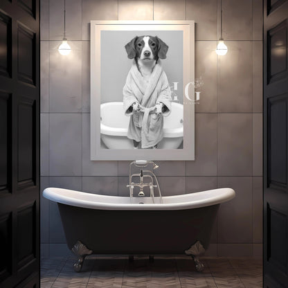 Brittany dog in bathrobe, available as a printable bathroom wall art.