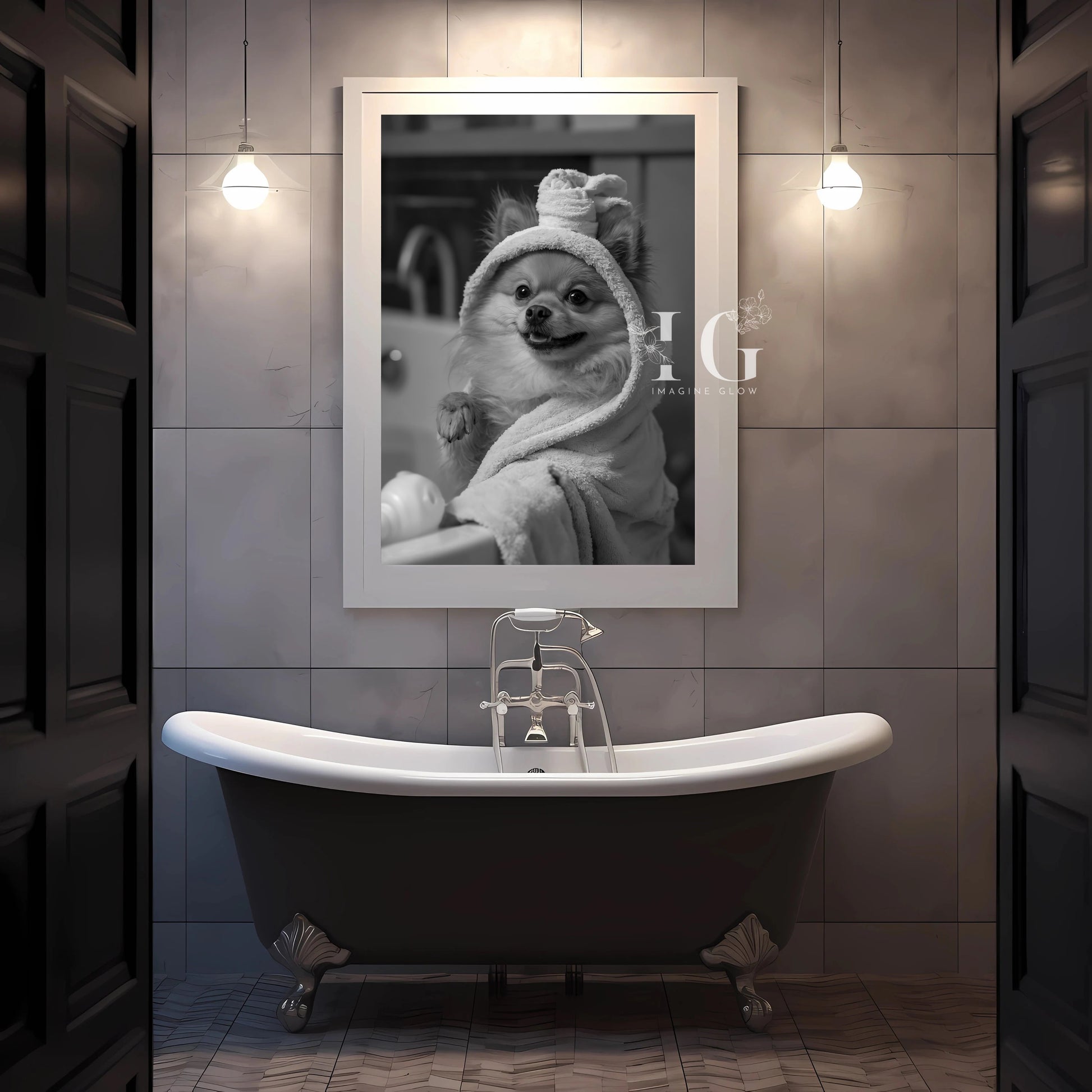 Humorous bathroom wall art featuring a Pomeranian wrapped in a cozy robe