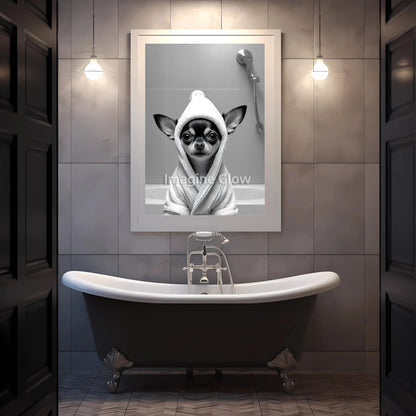 Cute Chihuahua in bathrobe illustration for a printable bathroom wall art piece