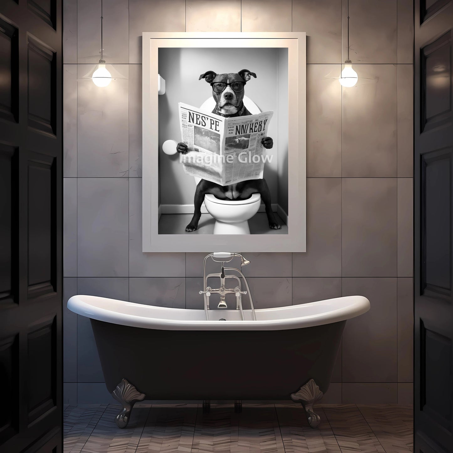 Humorous bathroom wall decor featuring a Pitbull sitting on a toilet