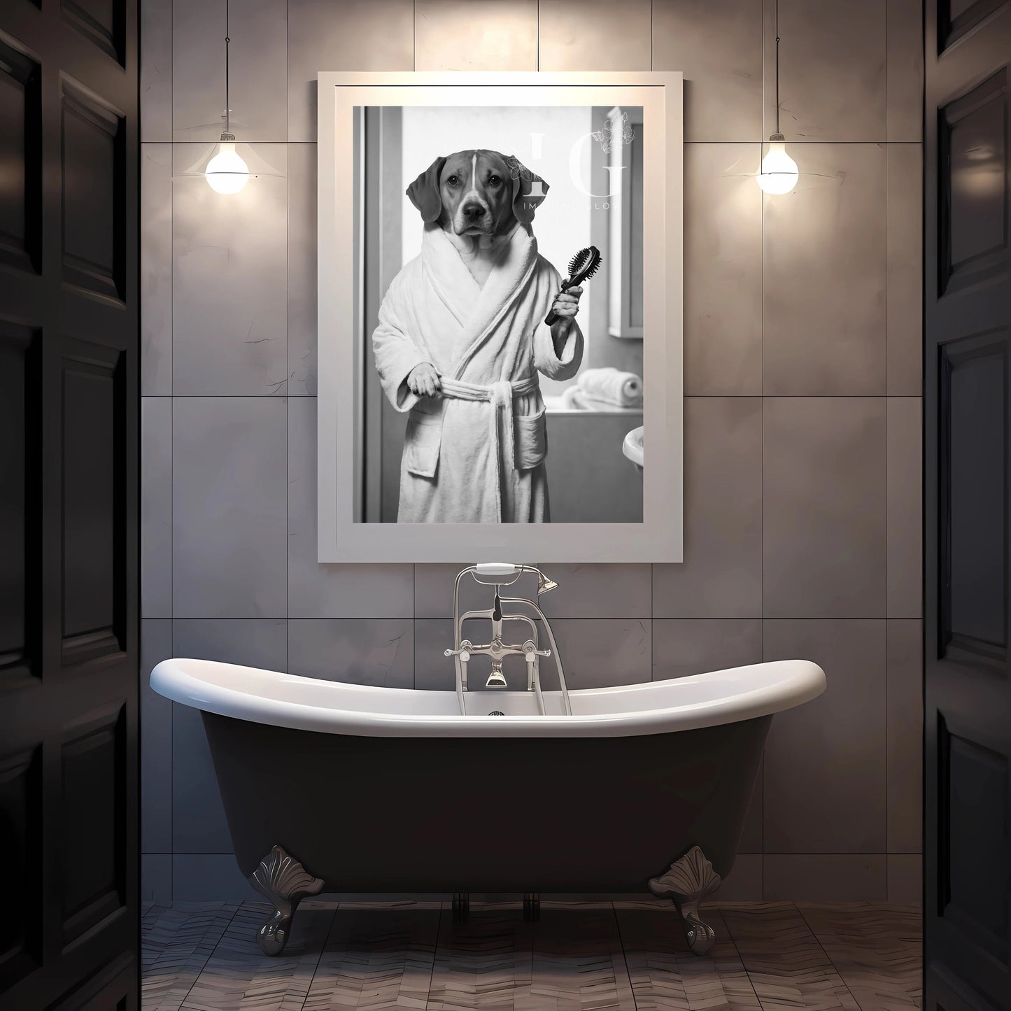 Humorous bathroom wall art showcasing a playful Brittany in a cozy bathrobe