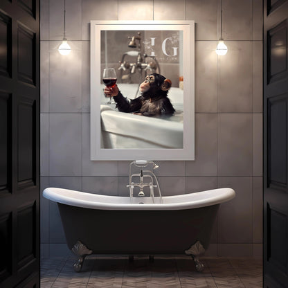 Humorous bathroom wall decor showcasing a playful monkey in a bubbly bath