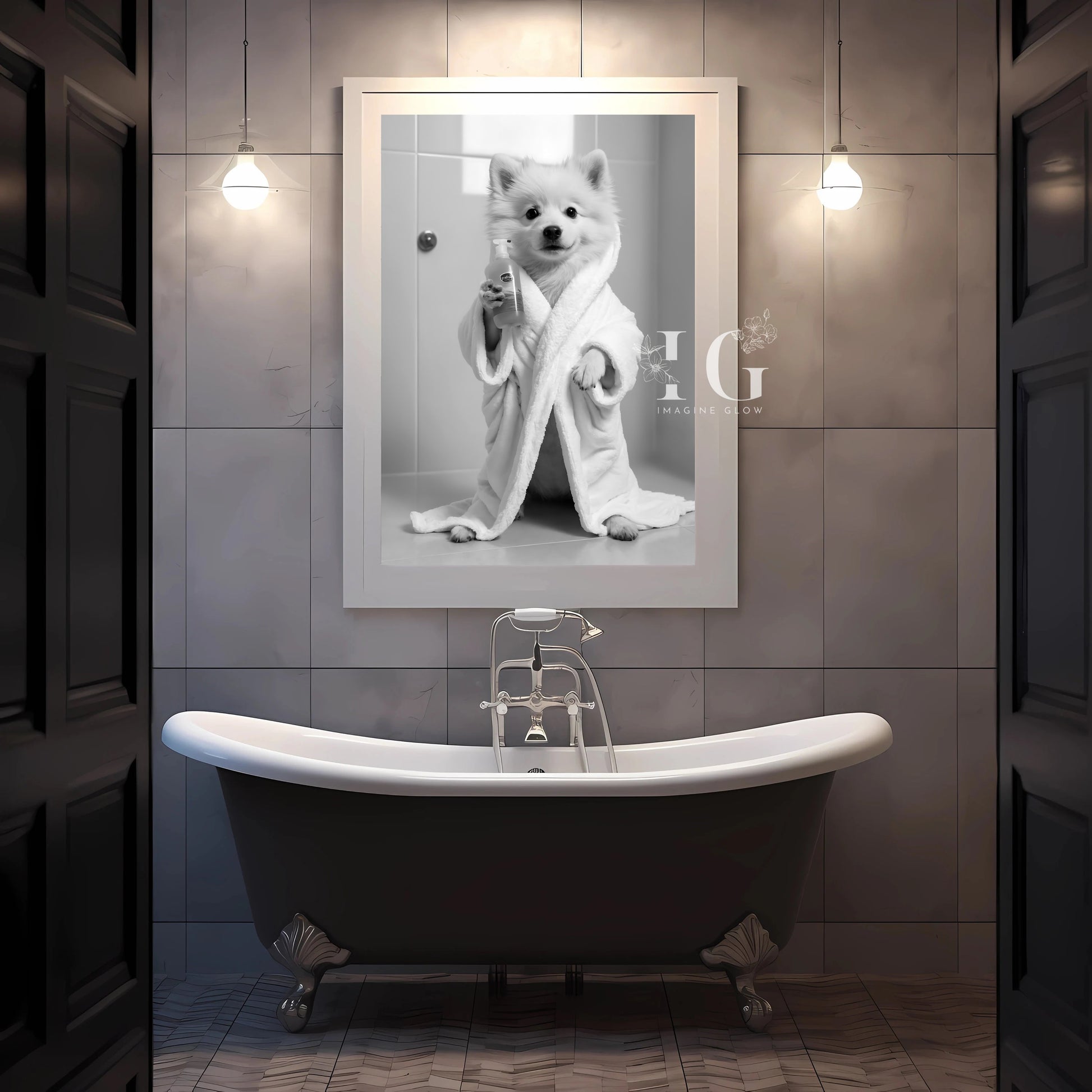 American Eskimo dog in a bathrobe, perfect for printable bathroom wall art.