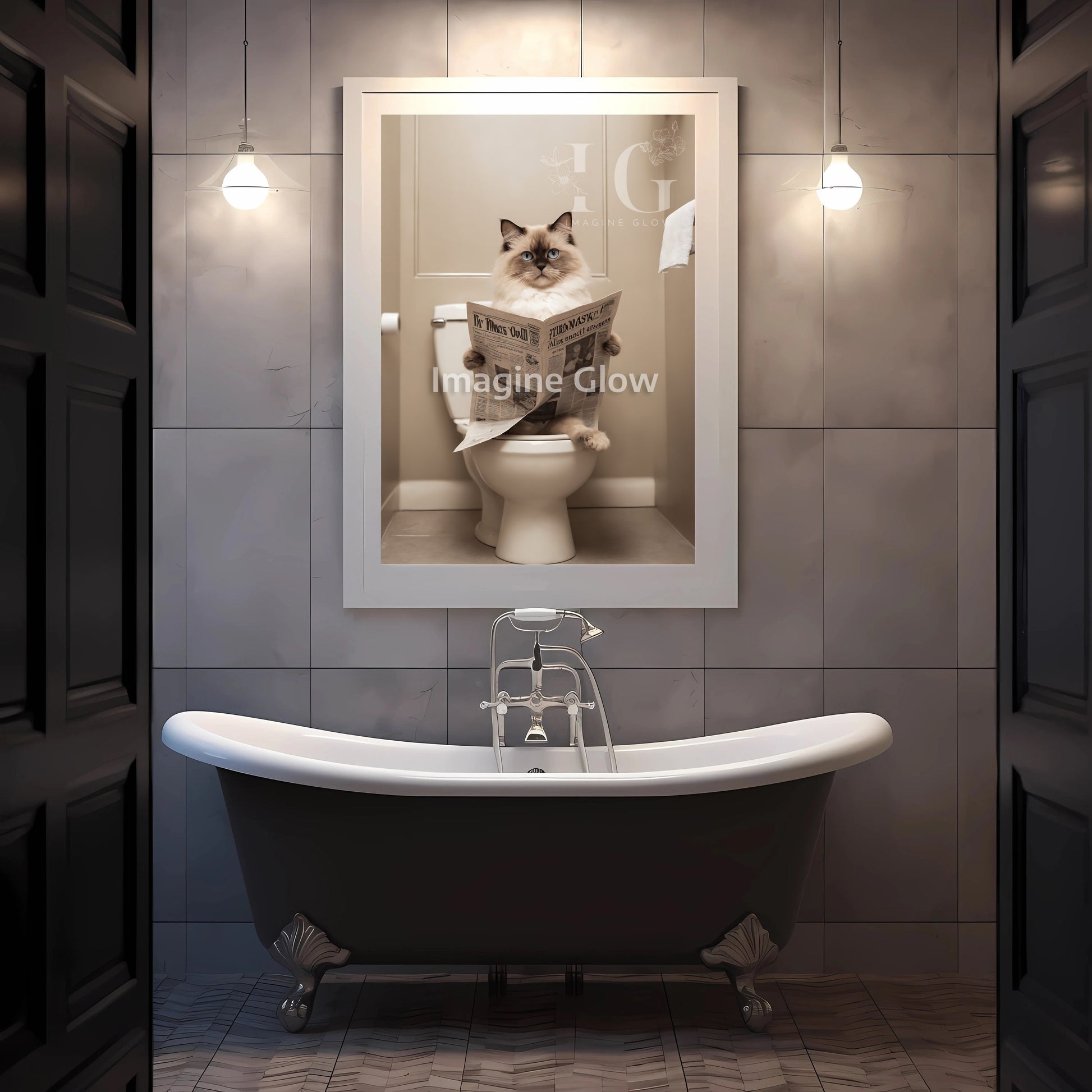 Humorous printable art featuring a cat in a bathroom setting