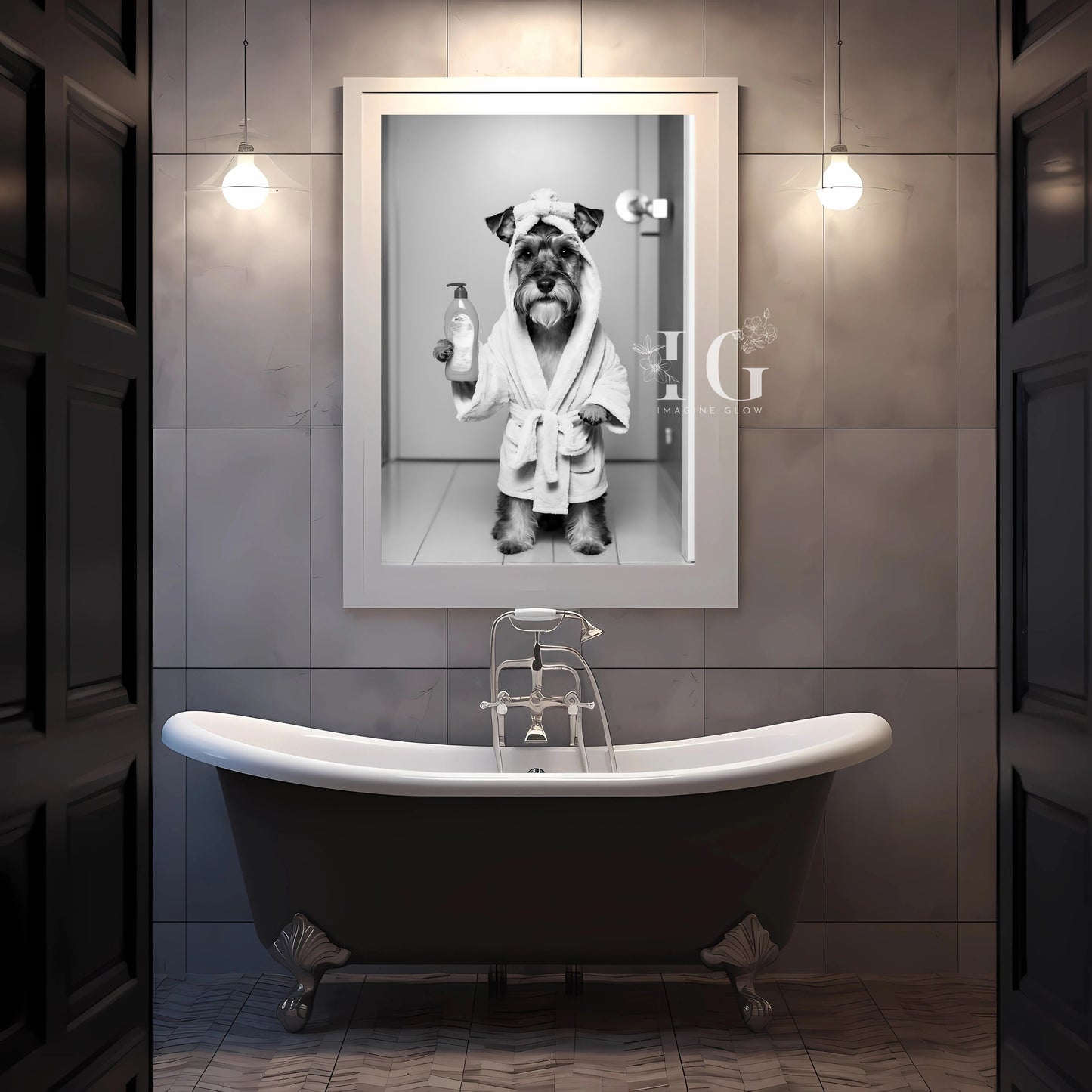 Adorable bathroom wall art with a playful Schnauzer wrapped in a cozy robe