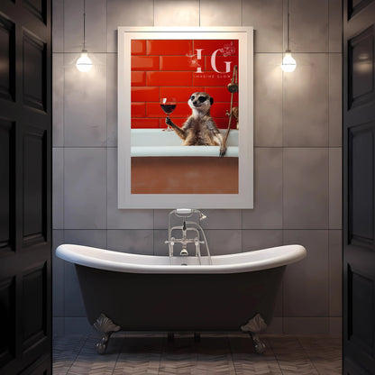 Printable artwork of a playful meerkat relaxing in a bubble bath