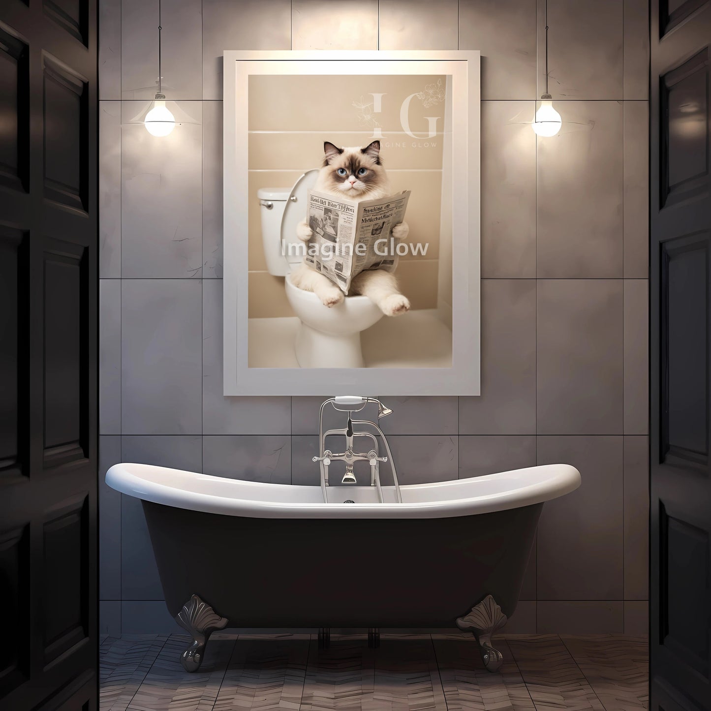 Whimsical illustration of a Ragdoll cat perched on the toilet