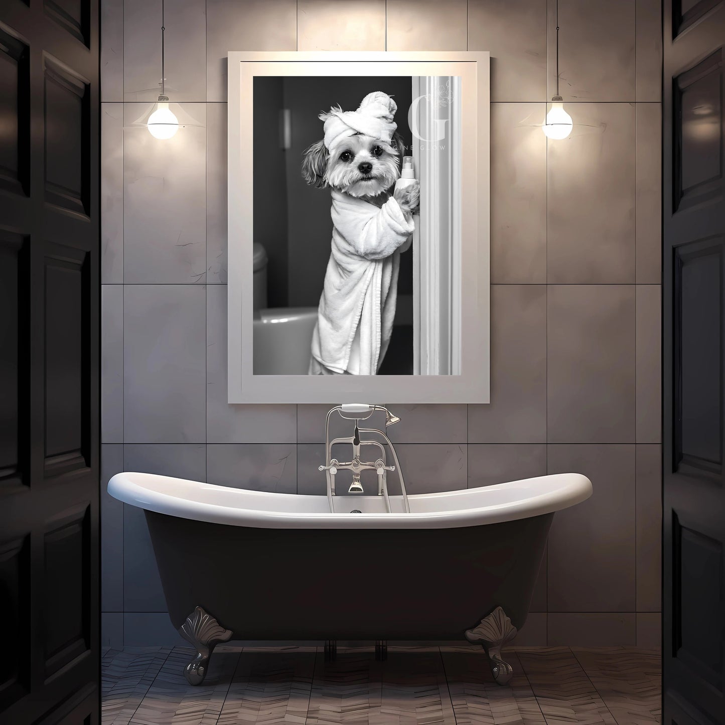 Humorous Havanese wall art for restroom.
Black and white Havanese in toilet wall decor