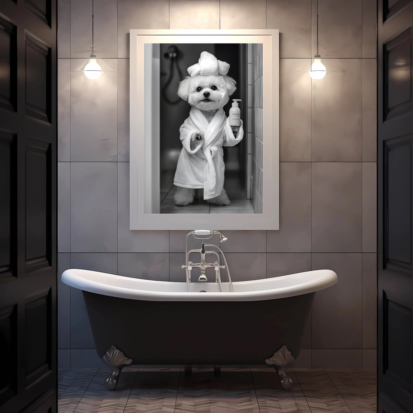 Adorable Bichon Frise dog in a bathrobe design for bathroom decor.