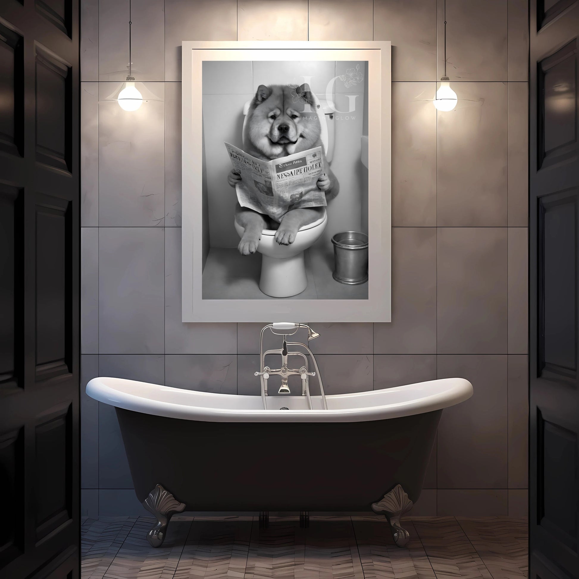 Humorous illustration of a Chow Chow dog for bathroom decor.