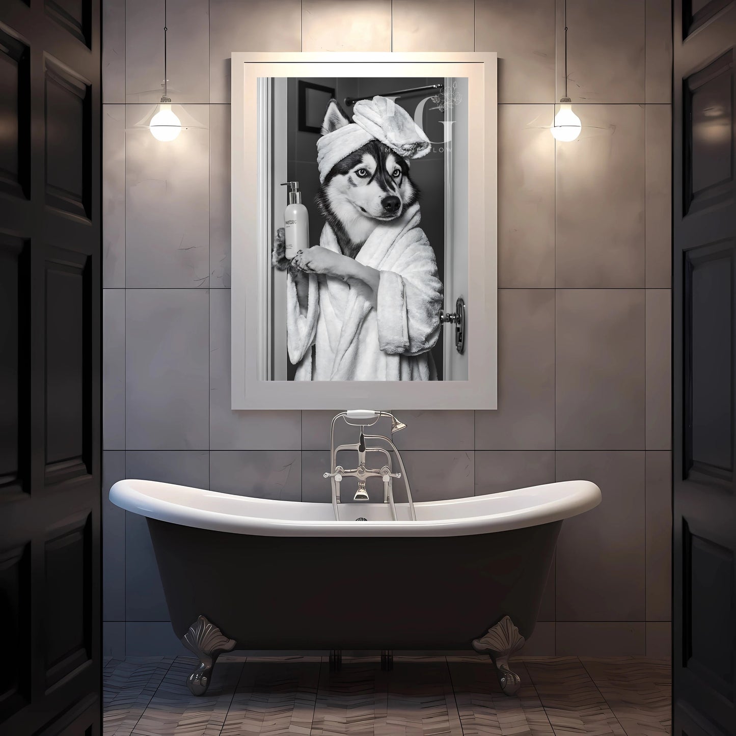 Funny bathroom decor with Husky dog