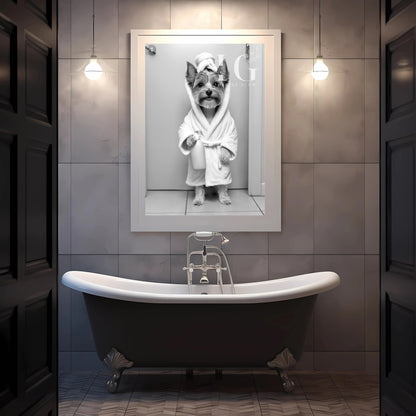 Adorable bathroom wall art with a playful terrier wrapped in a cozy robe