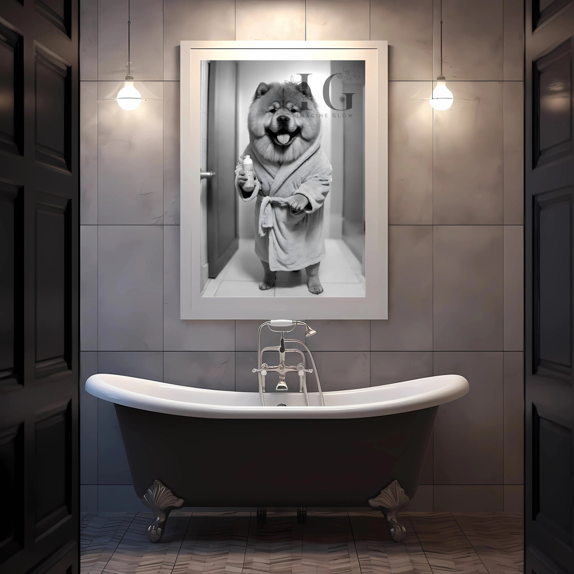 Funny printable wall art featuring a Chow Chow in the bathroom.