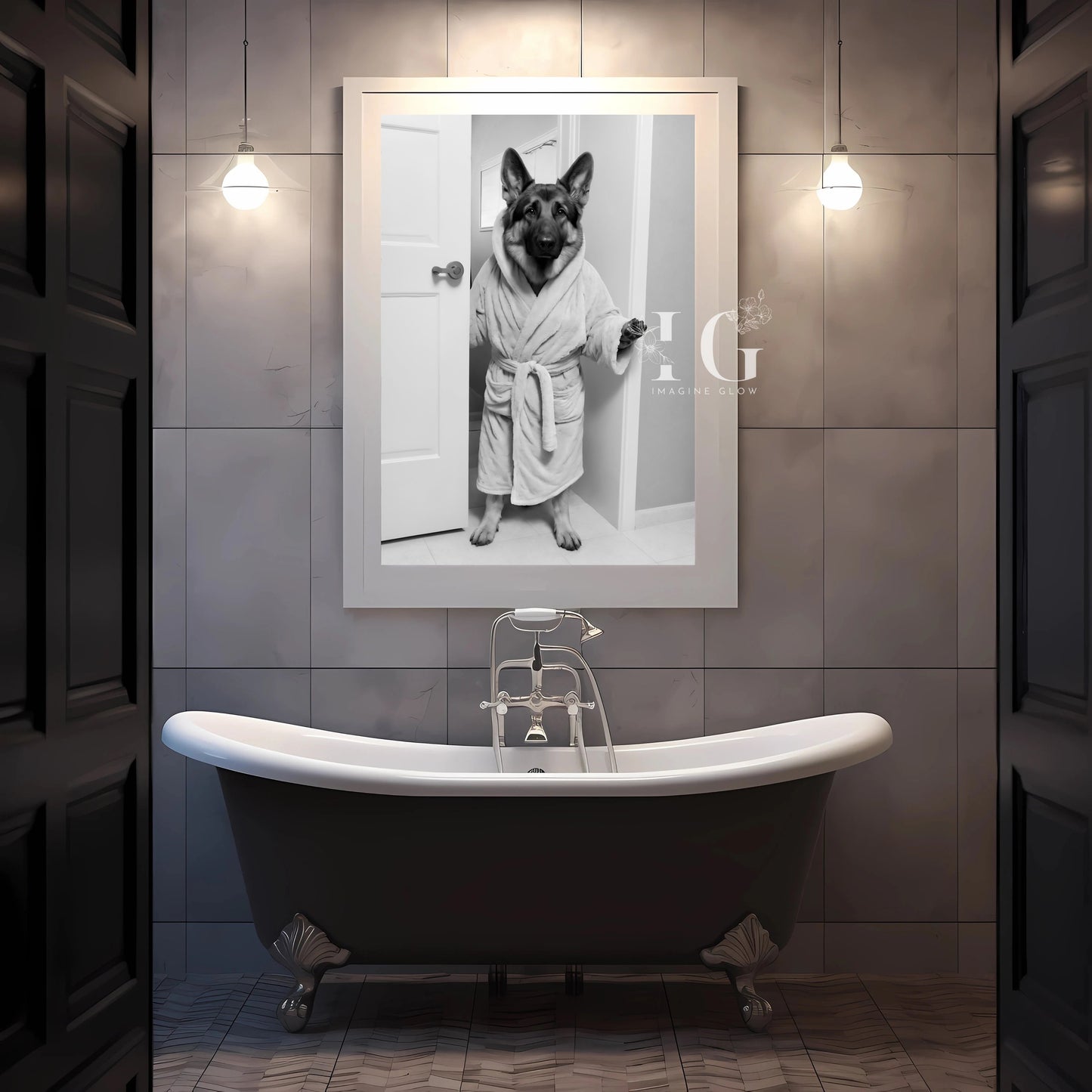 Fun and lighthearted German Shepherd artwork ideal for enhancing bathroom decoration