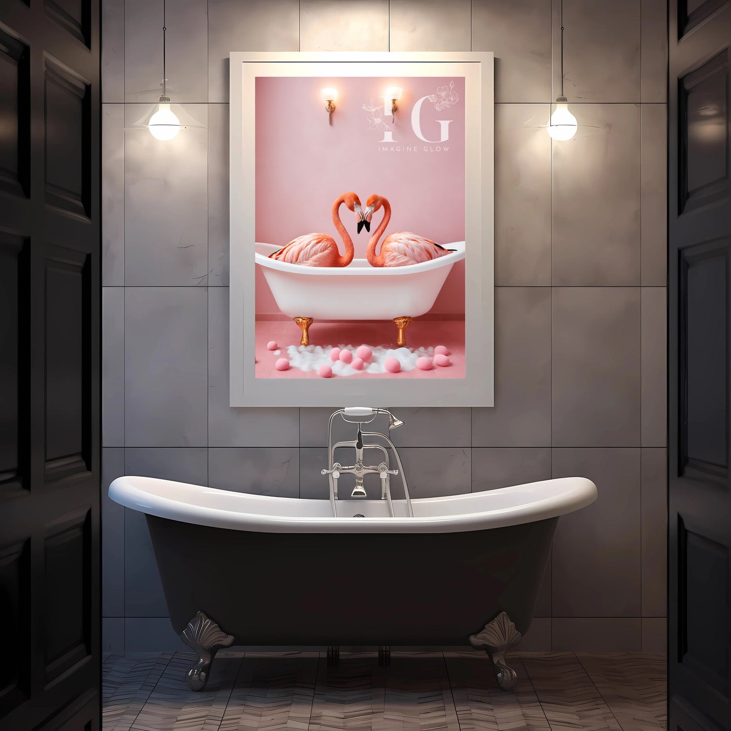 Whimsical flamingo illustration perfect for bathroom decoration