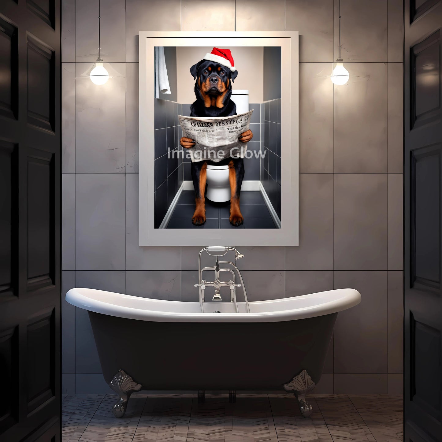 Festive wall art featuring a Rottweiler dog in a funny bathroom scene.