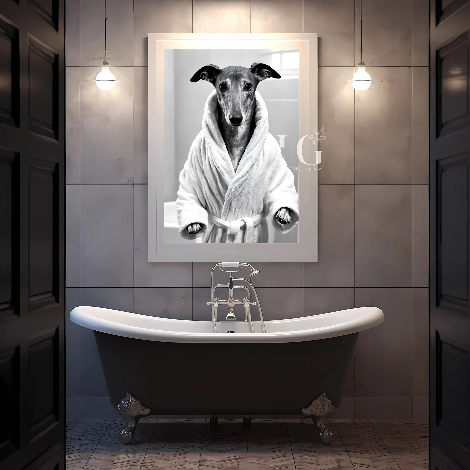 Humorous bathroom wall art featuring a Greyhound wrapped in a bathrobe