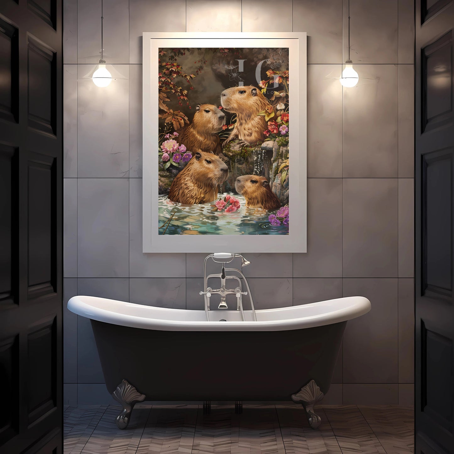 Charming Capybaras in onsen art, perfect for a tranquil and unique Japanese bathroom ambiance.