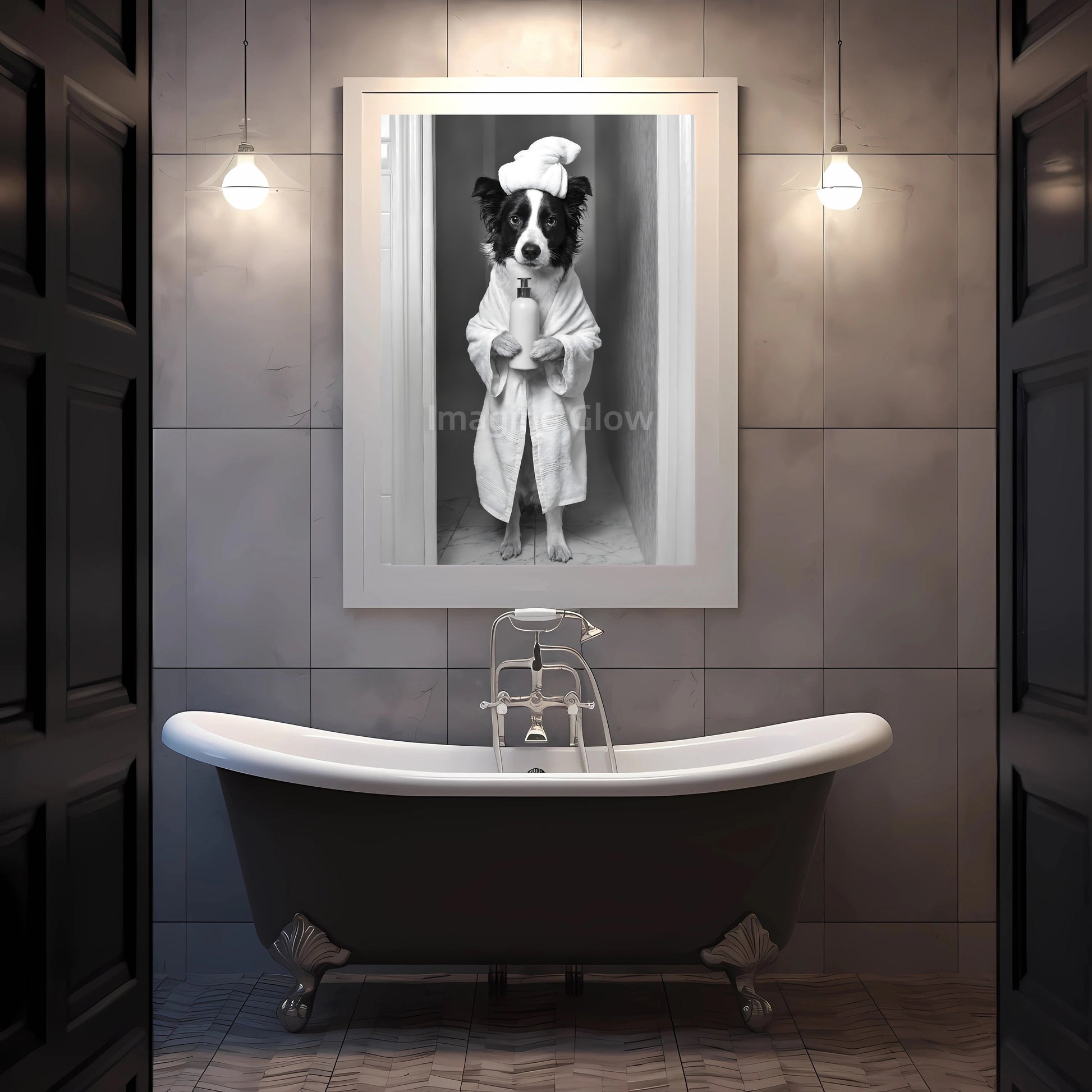 Playful Border Collie dog in bathrobe design for bathroom decor.