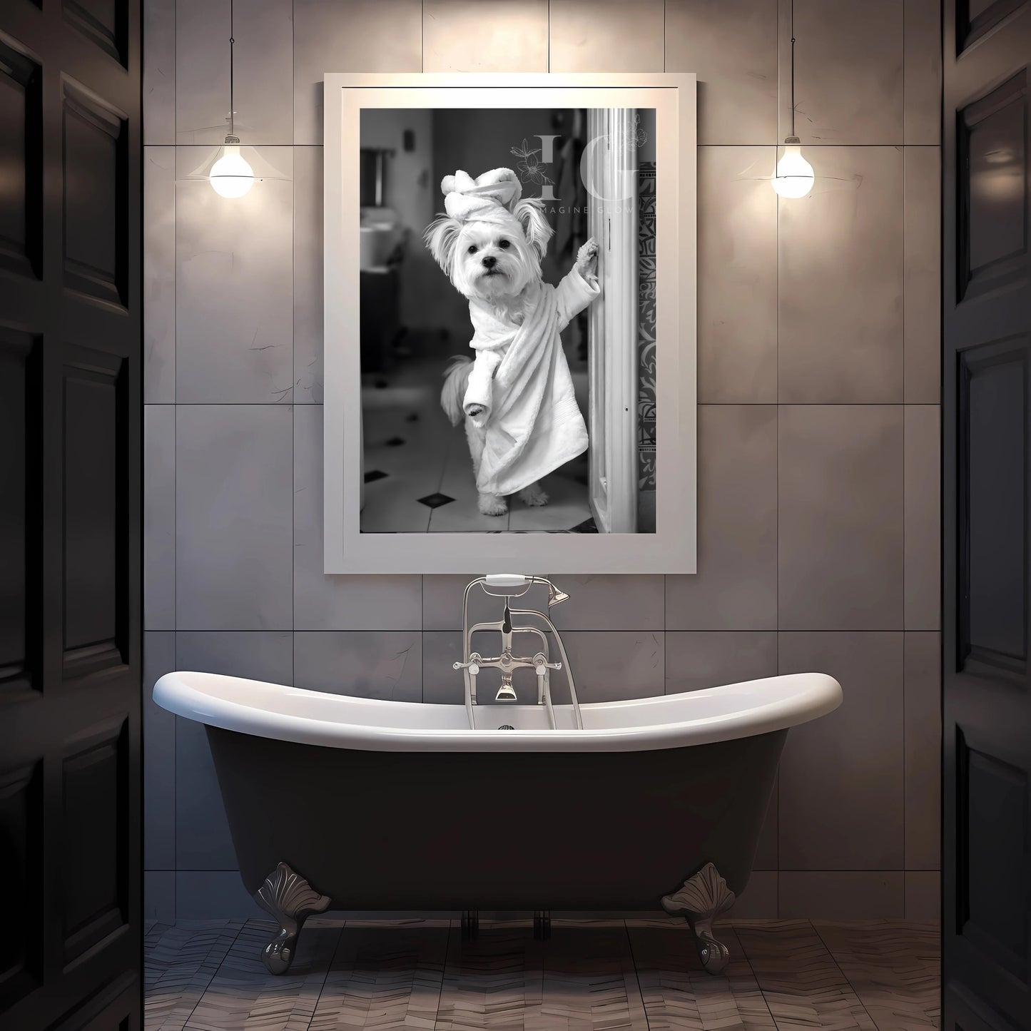 Funny bathroom wall art with an adorable Maltese in a bathrobe