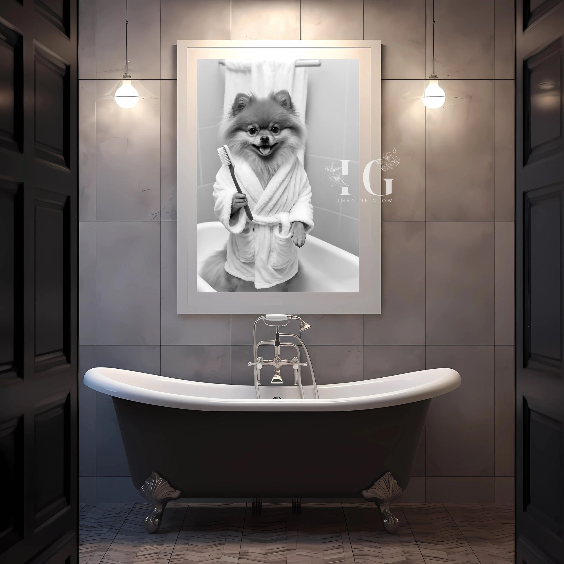 Humorous printable decor featuring a Pomeranian in a bathrobe