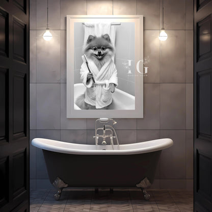 Humorous printable decor featuring a Pomeranian in a bathrobe