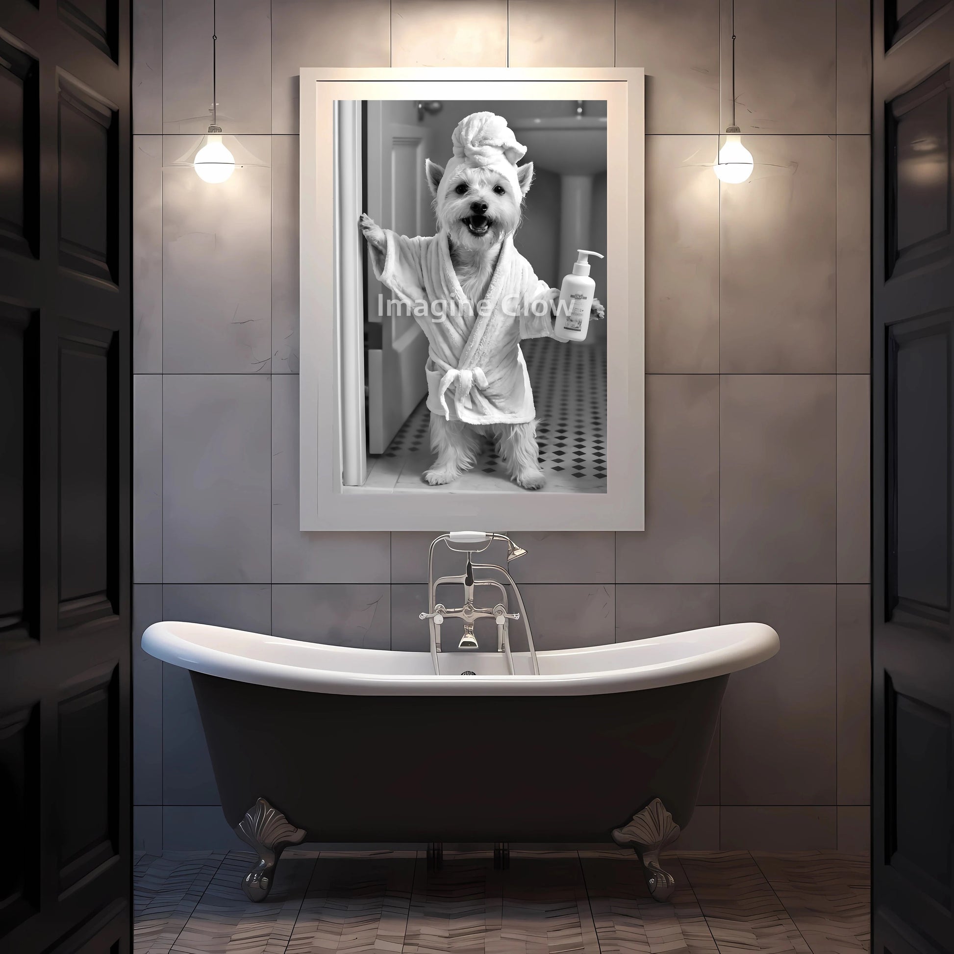 Funny West Highland White Terrier black and white wall art decor Stylish Westie dog bathroom print for modern decor