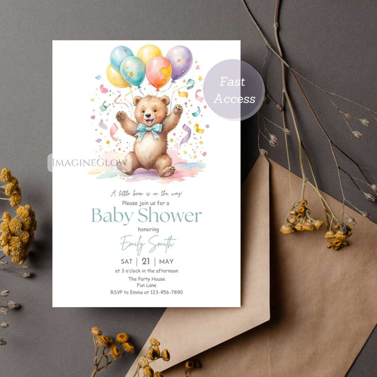 Bear baby shower invitation boy with blue accents
