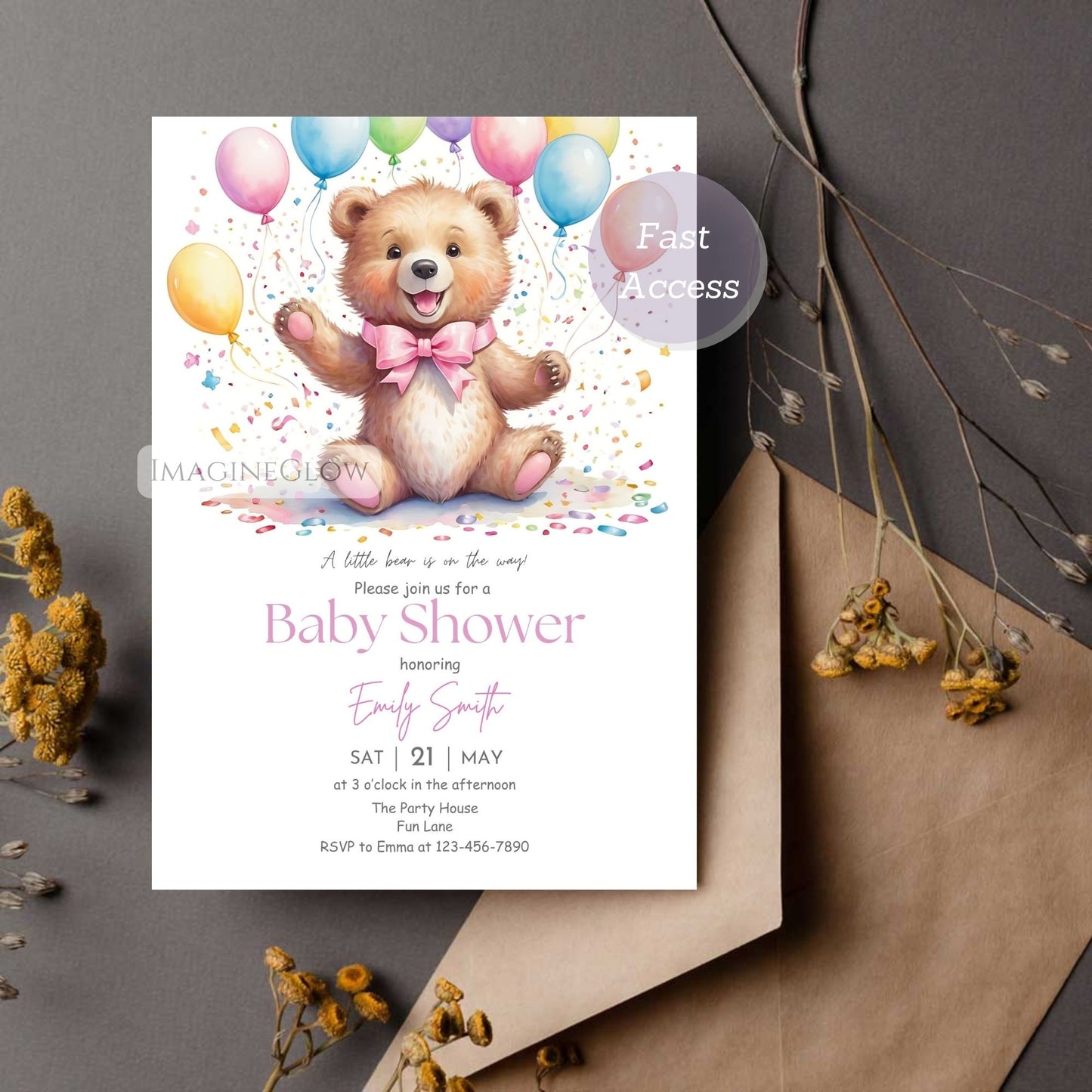 Bear baby shower invitation girl with pink flowers
