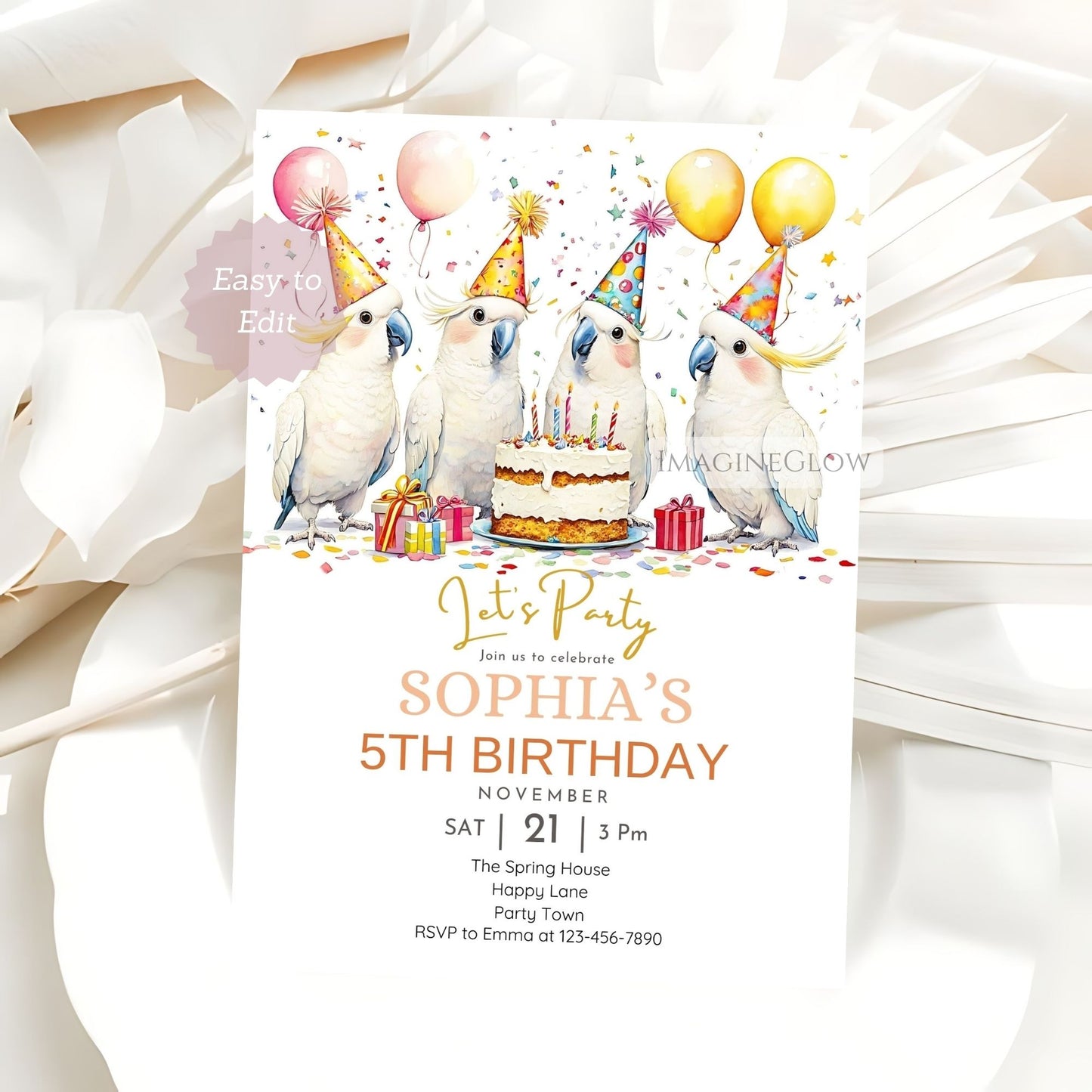 Cockatoo Birthday Invitation - Tropical Bird Parrot Party Invite