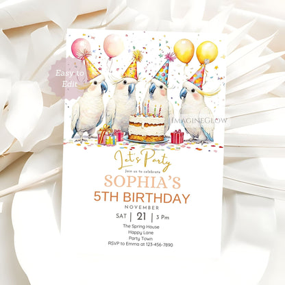 Cockatoo Birthday Invitation - Tropical Bird Parrot Party Invite