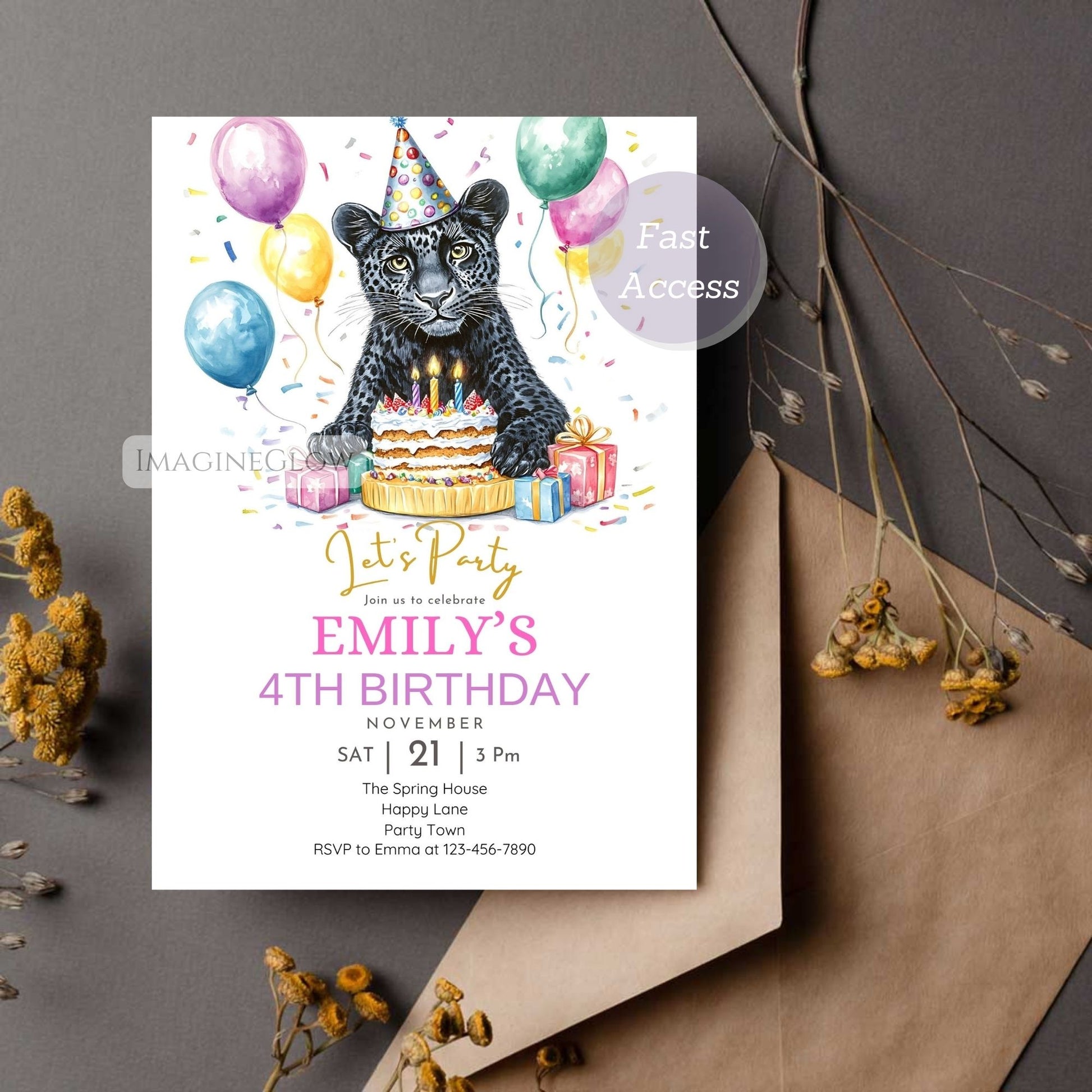 Black panther animal party printable card
