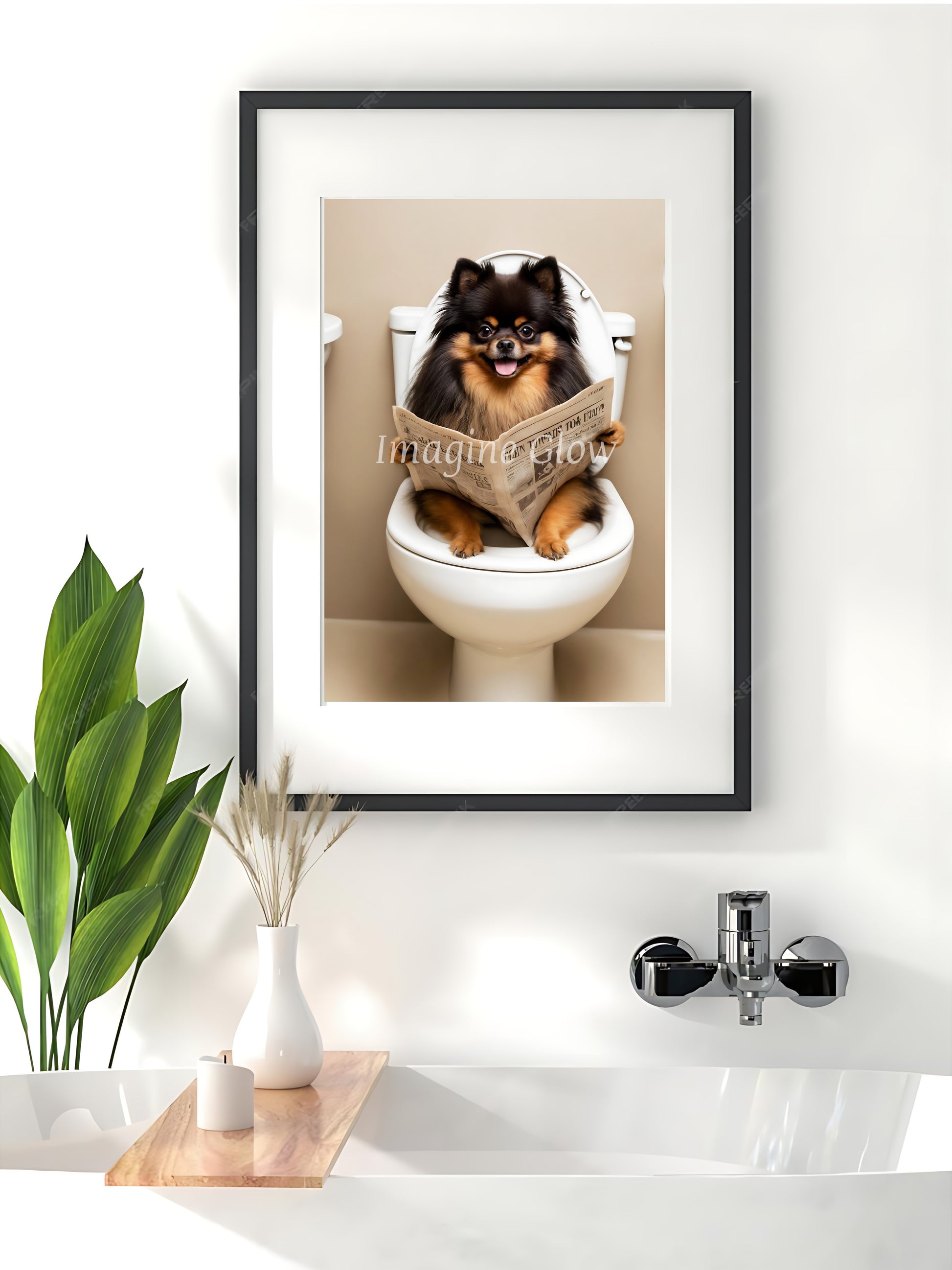 Black and Tan Pomeranian dog sitting on the toilet