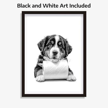 Black and white Art bathroom wall art featuring a Bernese Mountain Dog in a toilet.