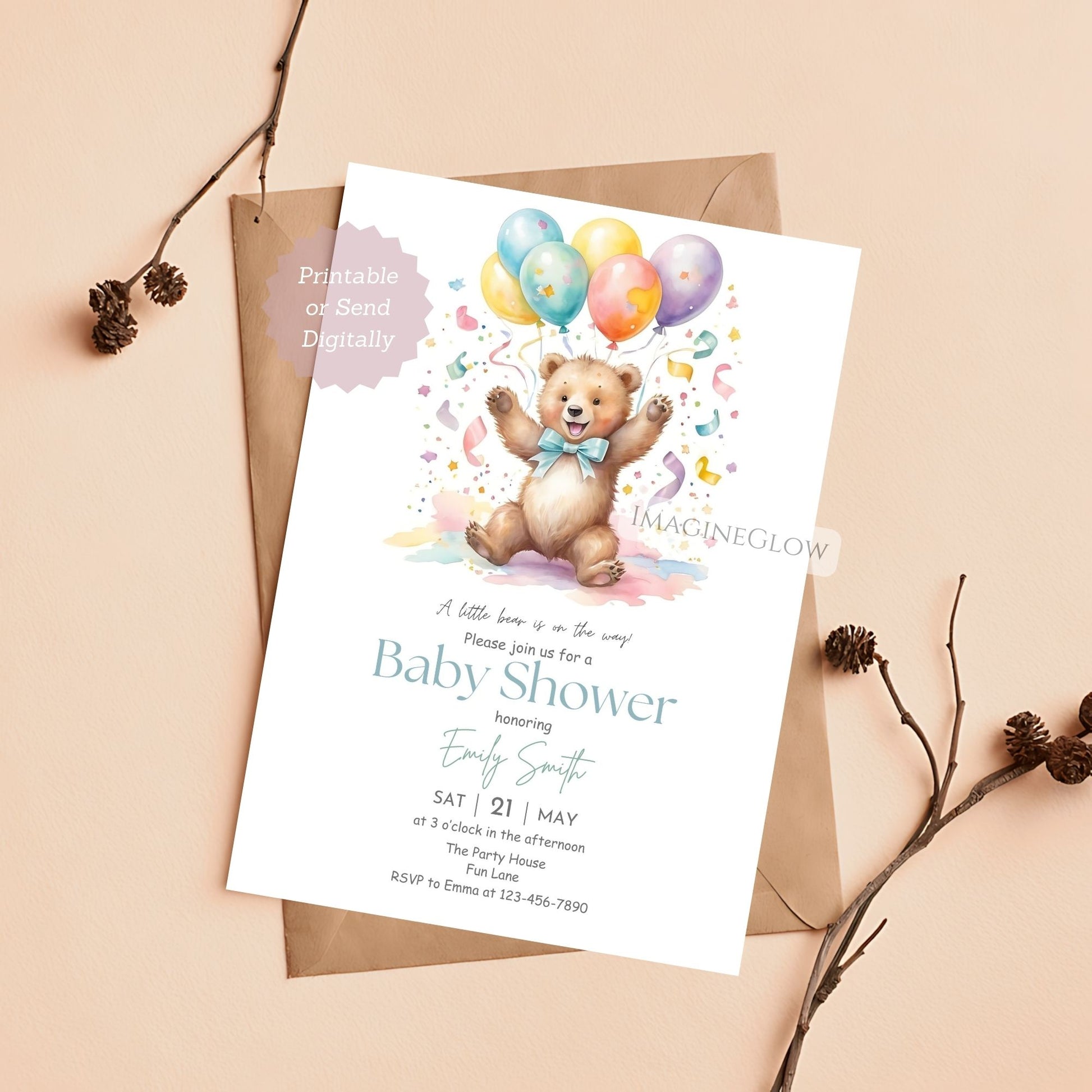 Woodland baby boy shower invitation with bear
