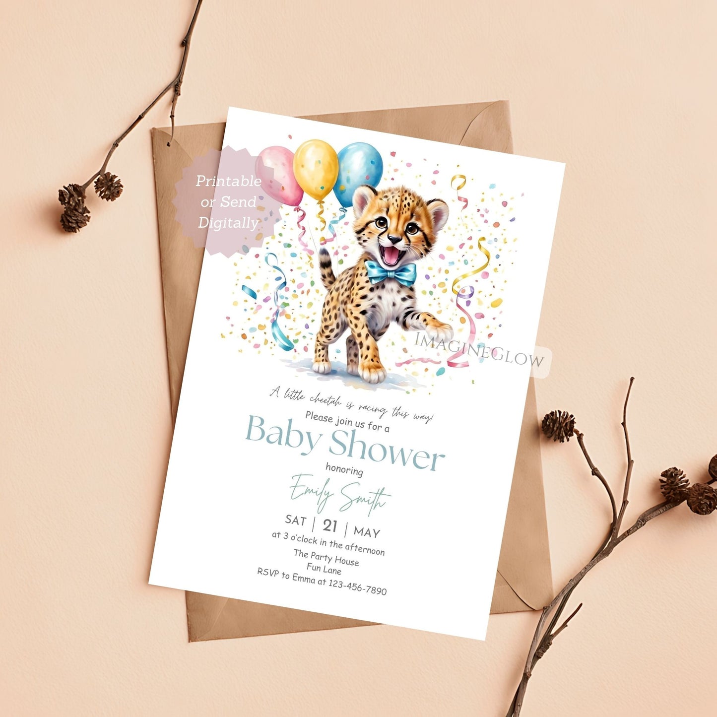 Cheetah baby shower invitation boy jungle theme
