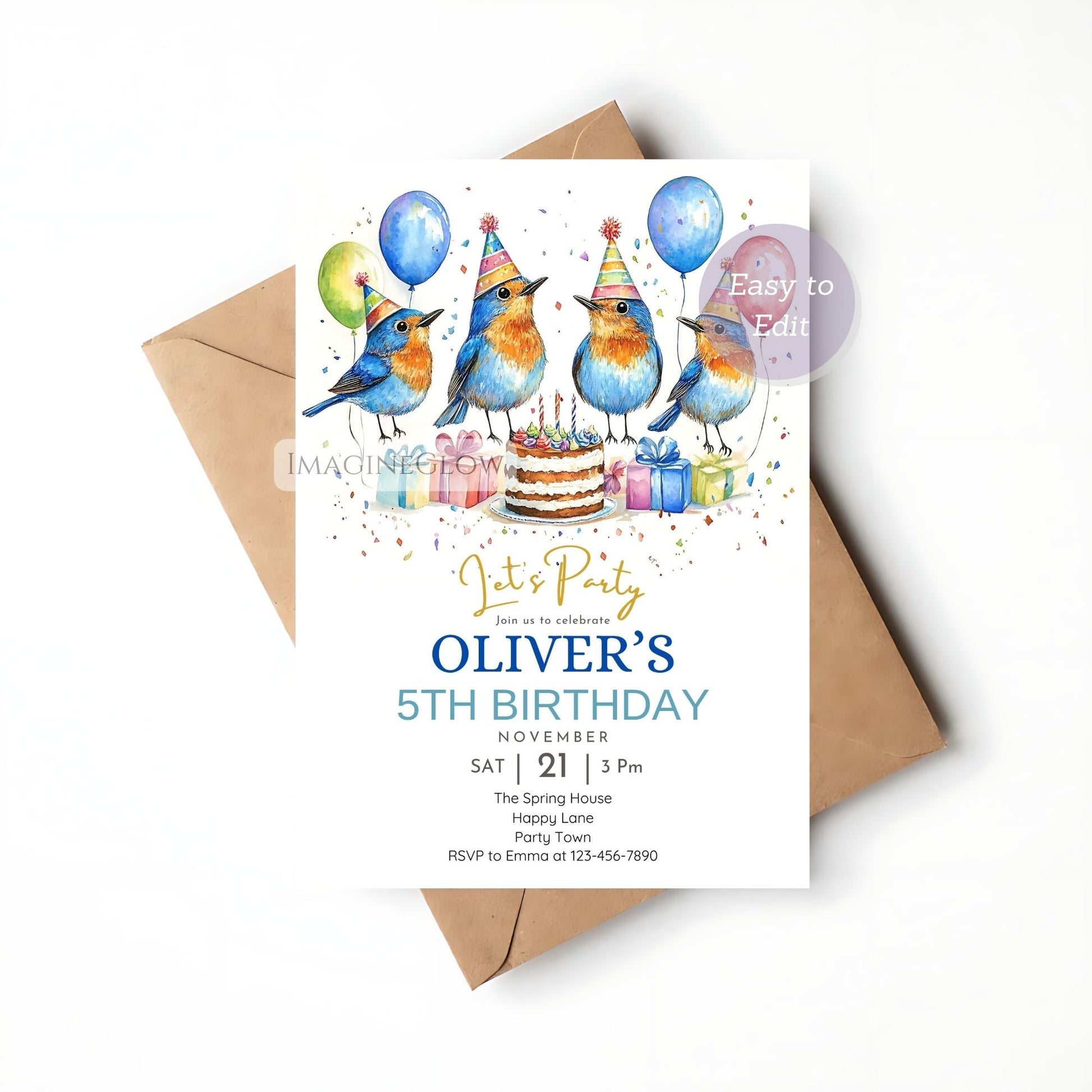 Editable bird-themed birthday party invite
