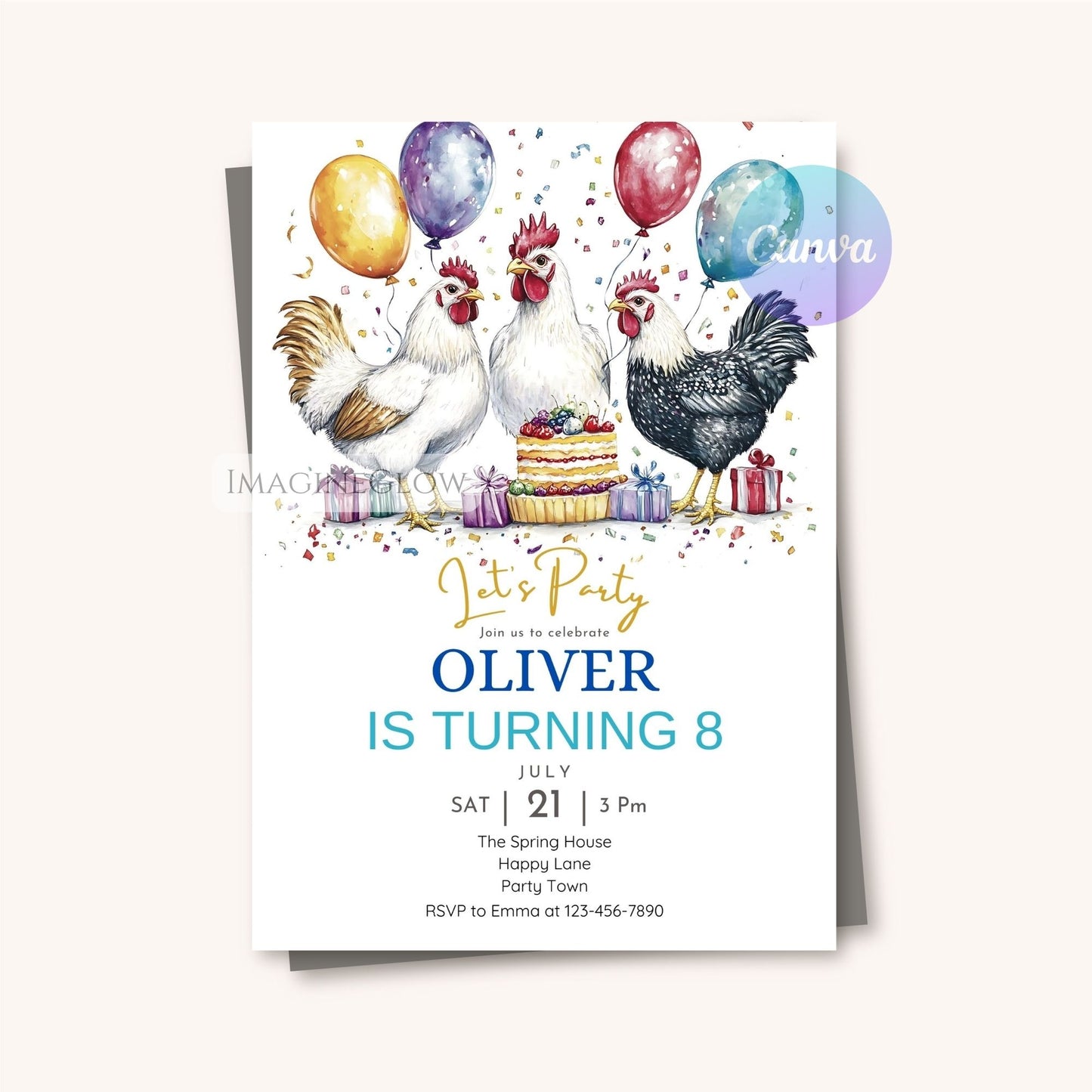 Printable rooster farm party invite

