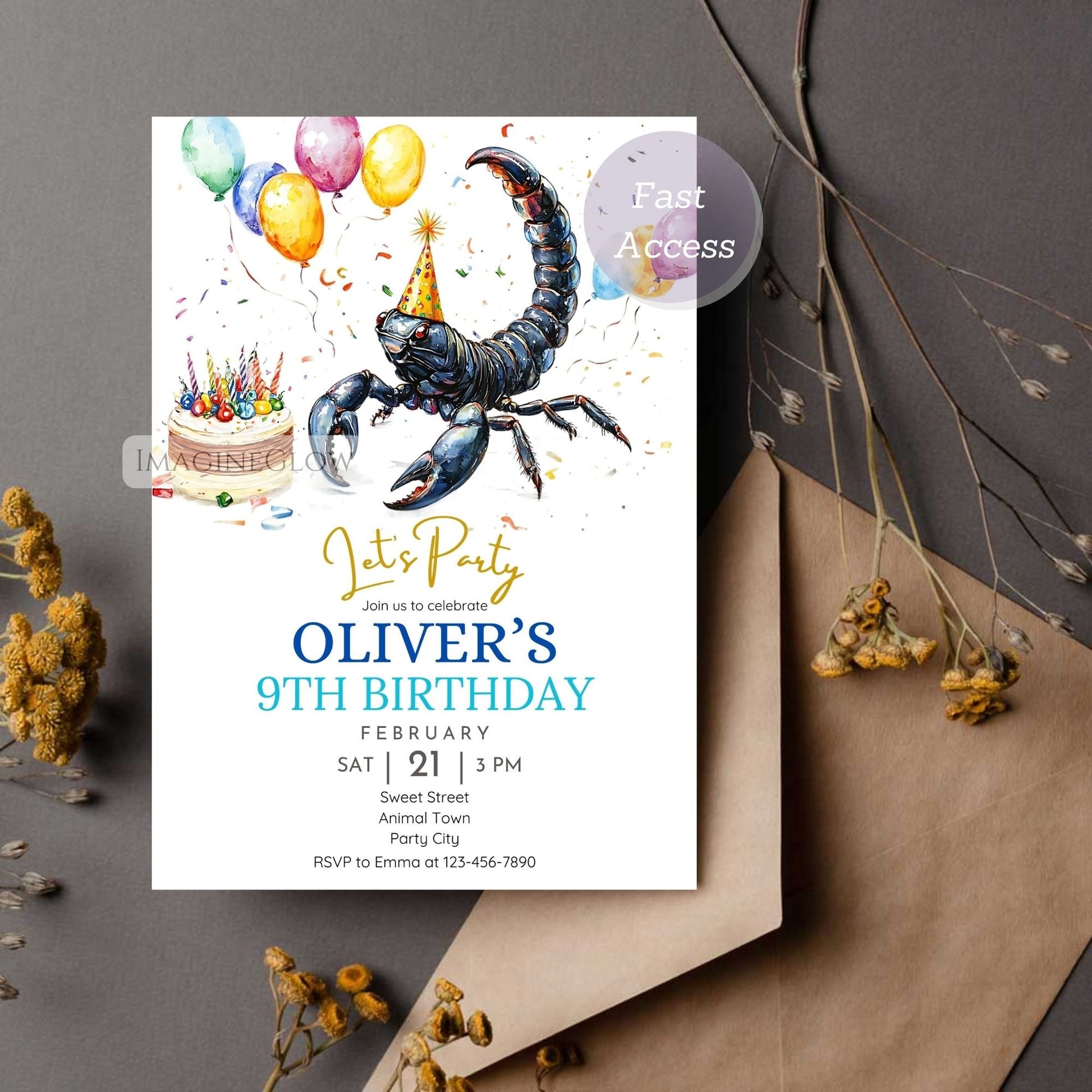 Digital scorpion birthday card template
Fun and bold scorpion party invite
