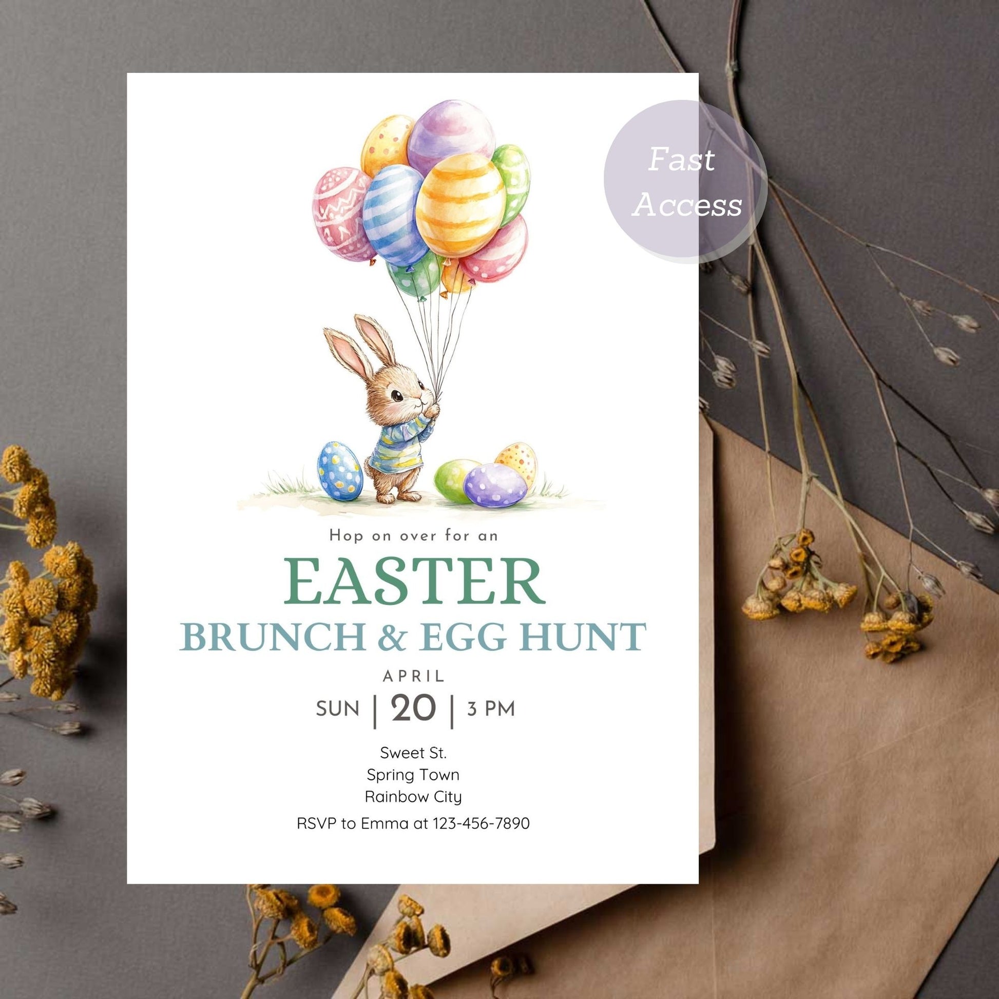 Bunny Easter Brunch and Egg Hunt Invitation with pastel colors.
