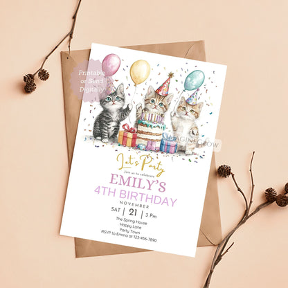 3 cats birthday invitation with cute kittens


