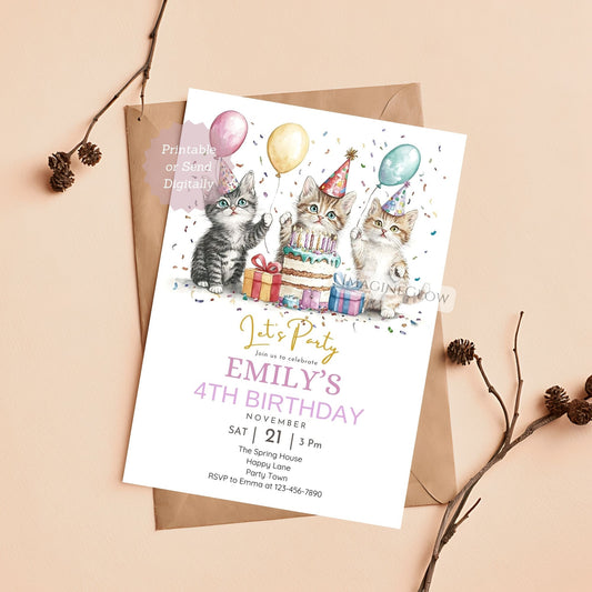 3 cats birthday invitation with cute kittens


