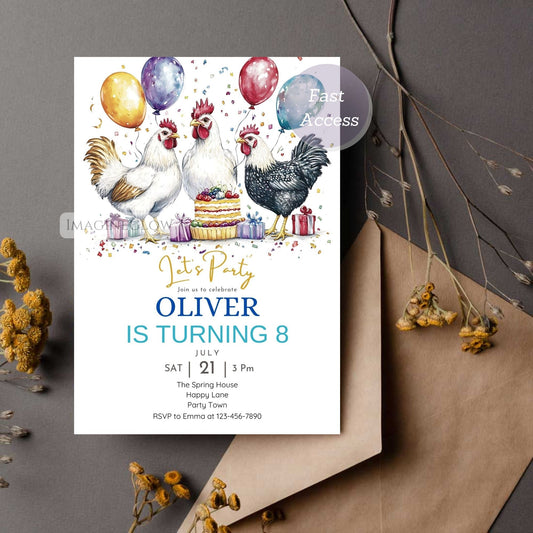 Chicken birthday invitation for boys
Rooster and hen birthday party card
