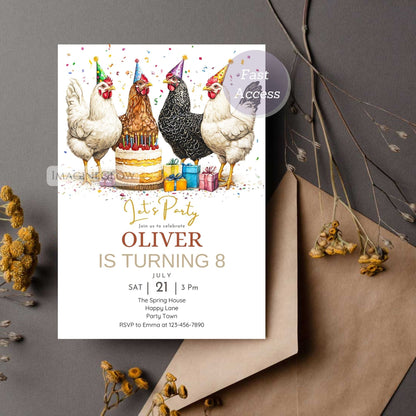 Rustic chicken-themed birthday invitation
