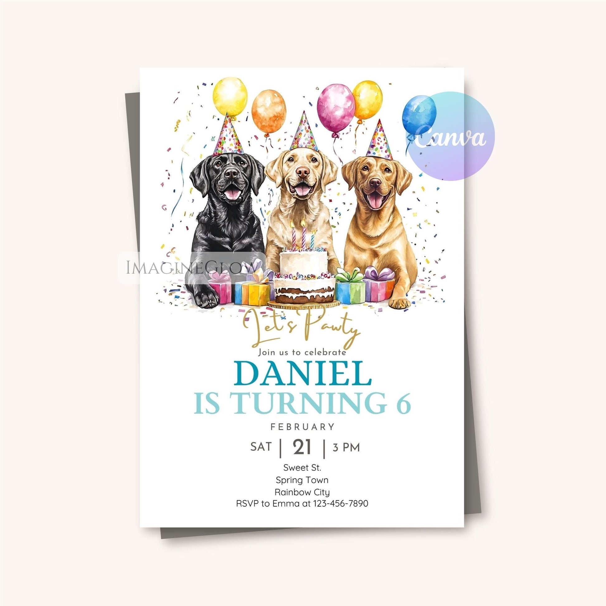 Editable dog birthday invite with three Labs
