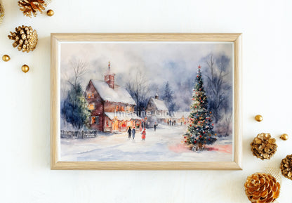 Christmas village wall decor featuring twinkling lights and winter charm