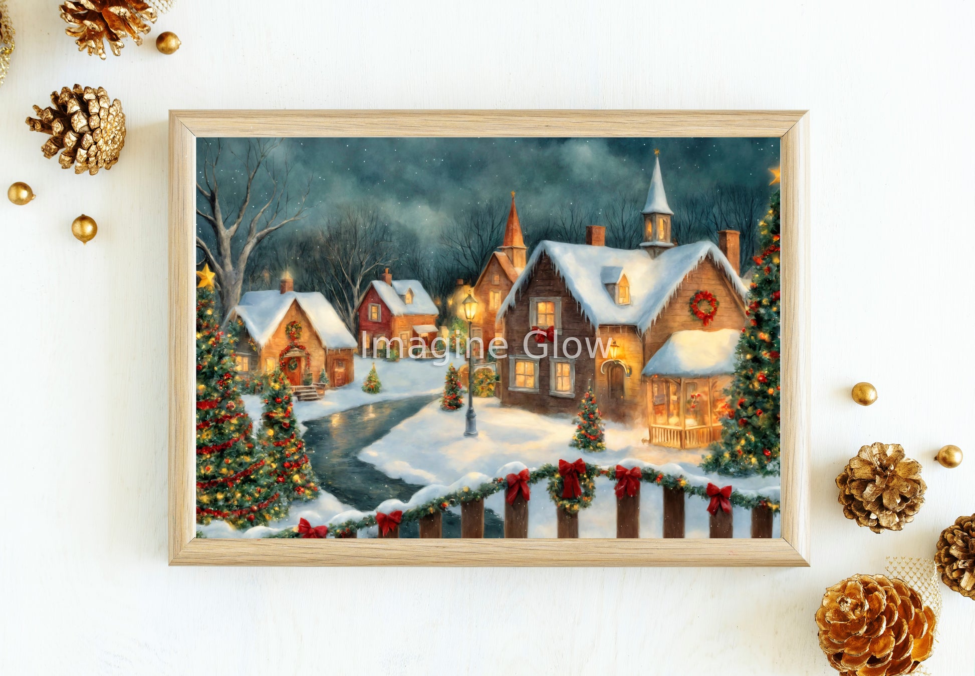 Festive winter wall decor featuring a Christmas village scene