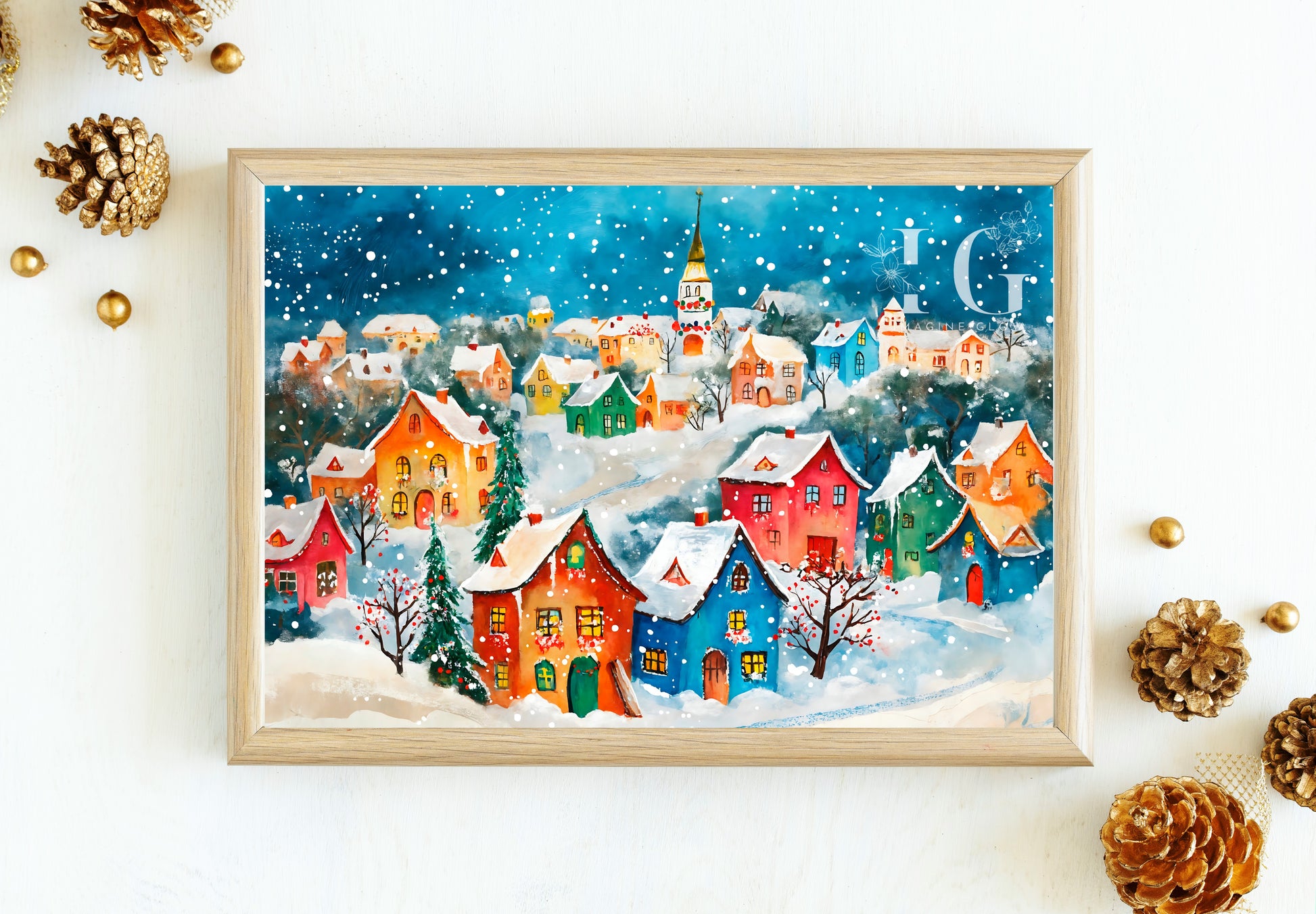 Festive wall decor showcasing a picturesque village in the mountains