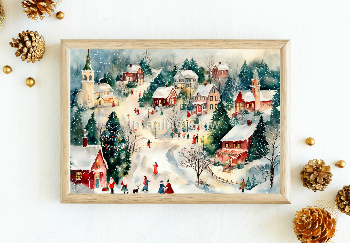 Festive wall art featuring a snow-covered Christmas village with decorations